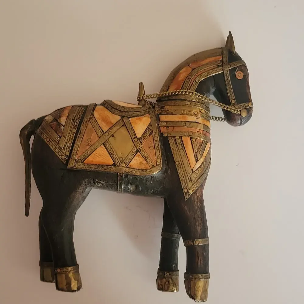 Vintage Carved Wood with Hammered Brass & Stone Inlay Armored War Horse Figure